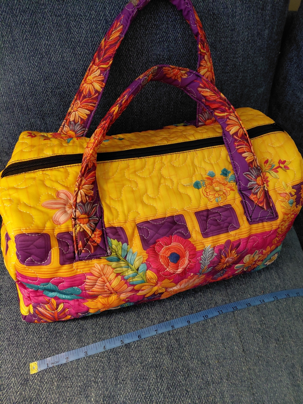 Quilted Floral Duffel Bag in Yellow and Purple